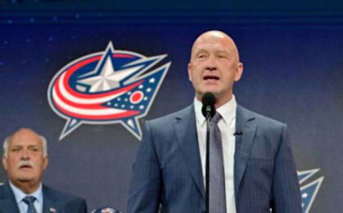 Jul 7, 2022; Montreal, Quebec, CANADA; Columbus Blue Jackets general manager Jarmo Kekalainen announces David Jiricek (not pictured) as the number six overall pick to the Columbus Blue Jackets in the first round of the 2022 NHL Draft at Bell Centre. Mandatory Credit: Eric Bolte-USA TODAY Sports