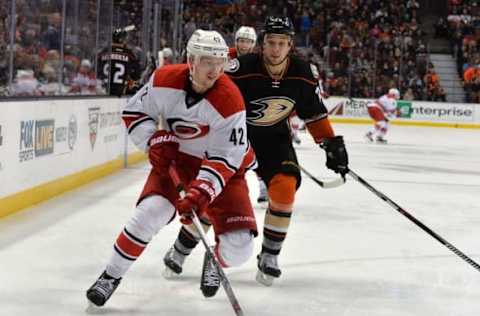 Dec 11, 2015; Anaheim, CA, USA; Carolina Hurricanes center Joakim Nordstrom (42) and Anaheim Ducks right wing Chris Stewart (29) battle for the puck in the third period during an NHL hockey game at the Honda Center. The Hurricanes defeated the Ducks 5-1. Mandatory Credit: Kirby Lee-USA TODAY Sports