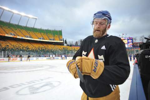 Oct 28, 2023; Edmonton, Alberta, Canada; Edmonton Oilers defenceman Mattias Ekholm (14) is seen out on the ice during practice day for the 2023 Heritage Classic ice hockey game at Commonwealth Stadium. Mandatory Credit: Walter Tychnowicz-USA TODAY Sports