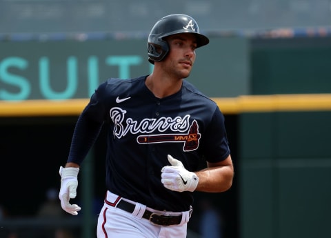 Mar 27, 2023; North Port, Florida, USA; Atlanta Braves first baseman Matt Olson (28) hits a 2-run home run against the Boston Red Sox during the third inning at CoolToday Park. Mandatory Credit: Kim Klement-USA TODAY Sports