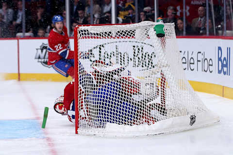 Chris Kreider crashes into Carey Price of the Montreal Canadiens in Game One of 2014 the Eastern Conference Finals in Montreal. (Photo by Bruce Bennett/Getty Images)