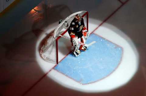 ANAHEIM, CA – APRIL 5: John Gibson #36 of the Anaheim Ducks during introductions of the game against the Los Angeles Kings on April 5, 2019 at Honda Center in Anaheim, California. (Photo by Debora Robinson/NHLI via Getty Images)