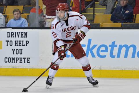 Harvard Crimson defenseman Reilly Walsh (2) (Photo by Michael Tureski/Icon Sportswire via Getty Images)