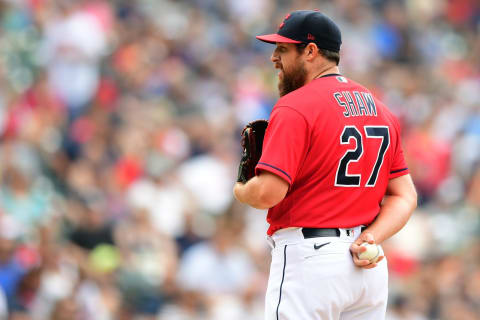 Bryan Shaw, Oakland Athletics” CLEVELAND, OHIO – JUNE 13: Bryan Shaw #27 of the Cleveland Indians pitches during a game against the Seattle Mariners at Progressive Field on June 13, 2021 in Cleveland, Ohio. (Photo by Emilee Chinn/Getty Images)