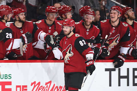 The Canucks’ Conor Garland during his time with the Arizona Coyotes. (Photo by Christian Petersen/Getty Images)