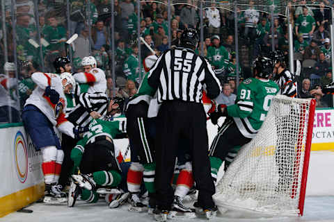 DALLAS, TX – JANUARY 23: Things get physical early between the Dallas Stars and the Florida Panthers at the American Airlines Center on January 23, 2018 in Dallas, Texas. (Photo by Glenn James/NHLI via Getty Images)