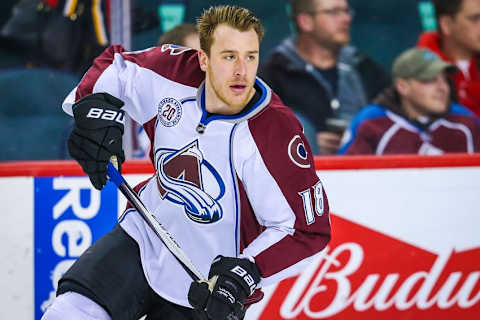 Mar 18, 2016; Calgary, Alberta, CAN; Colorado Avalanche center Shawn Matthias (18) skates during the warmup period against the Calgary Flames at Scotiabank Saddledome. Colorado Avalanche won 4-3. Mandatory Credit: Sergei Belski-USA TODAY Sports