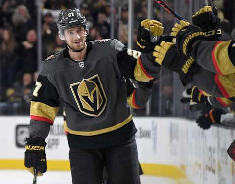 LAS VEGAS, NEVADA – FEBRUARY 26: Shea Theodore #27 of the Vegas Golden Knights. (Photo by Ethan Miller/Getty Images).