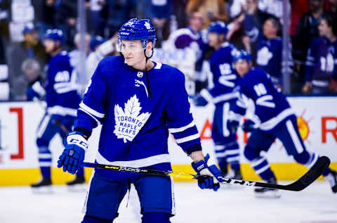 TORONTO, ON – APRIL 04: Travis Dermott #23 of the Toronto Maple Leafs takes part in warm up before playing the Tampa Bay Lightning at the Scotiabank Arena on April 4, 2019 in Toronto, Ontario, Canada. (Photo by Mark Blinch/NHLI via Getty Images)