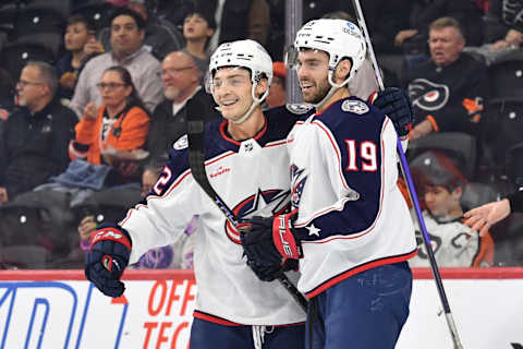 Apr 11, 2023; Philadelphia, Pennsylvania, USA; Columbus Blue Jackets center Liam Foudy (19) celebrates his goal with right wing Carson Meyer (72) against the Philadelphia Flyers during the first period at Wells Fargo Center. Mandatory Credit: Eric Hartline-USA TODAY Sports