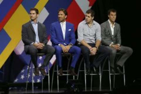 Sep 9, 2015; Toronto, Ontario, Canada; Brandon Saad and Henrik Lundqvist and Evgeni Malkin and Tuukka Rask answer questions on stage from host George Stromboulopoulos (not pictured) during a press conference and media event for the 2016 World Cup of Hockey at Air Canada Centre. Mandatory Credit: Tom Szczerbowski-USA TODAY Sports