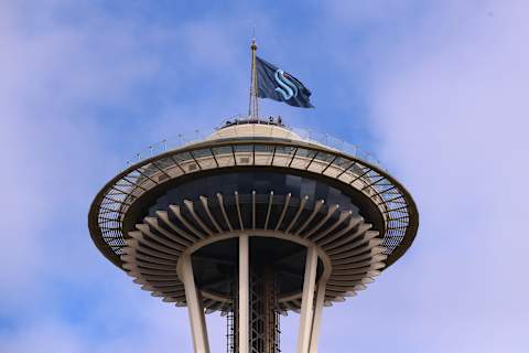 SEATTLE, WASHINGTON – JULY 23: A general view of the Space Needle as the Seattle Kraken team flag is hung from above on July 23, 2020 in Seattle, Washington. The NHL revealed the franchise’s new team name today. (Photo by Abbie Parr/Getty Images)