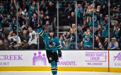 SAN JOSE, CA – NOVEMBER 17: Erik Karlsson #65 of the San Jose Sharks celebrates scoring a goal against the St Louis Blues at SAP Center on November 17, 2018 in San Jose, California (Photo by Brandon Magnus/NHLI via Getty Images)