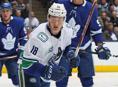 TORONTO, ON – FEBRUARY 29: Jake Virtanen #18 of the Vancouver Canucks skates against the Toronto Maple Leafs  . (Photo by Claus Andersen/Getty Images)