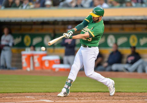 OAKLAND, CA – JUNE 29: Oakland Athletics Outfield Matt Joyce (23) batting during the MLB game between the Cleveland Indians and the Oakland Athletics on June 29, 2018 at Oakland-Alameda County Coliseum in Oakland, CA. (Photo by Stephen Hopson/Icon Sportswire via Getty Images)