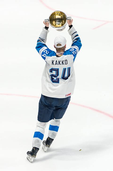 BRATISLAVA, SLOVAKIA – MAY 26: #24 Kaapo Kakko of Finland celebrates with the trophy after the 2019 IIHF Ice Hockey World Championship Slovakia final game between Canada and Finland at Ondrej Nepela Arena on May 26, 2019 in Bratislava, Slovakia. (Photo by RvS.Media/Robert Hradil/Getty Images)