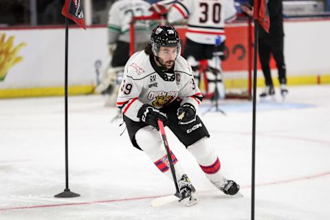 Colby Barlow #39 of the Owen Sound Attack skates for Team White during the 2023 Kubota CHL Top Prospects Game Practice (Photo by Dennis Pajot/Getty Images)