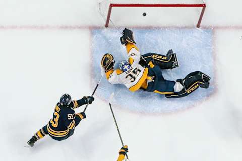 BUFFALO, NY – APRIL 02: Buffalo Sabres left wing Jeff Skinner (53) scores goal past Nashville Predators goaltender Pekka Rinne (35) during the Nashville Predators and Buffalo Sabres NHL game on April 2, 2019, at KeyBank Center in Buffalo, NY. (Photo by John Crouch/Icon Sportswire via Getty Images)