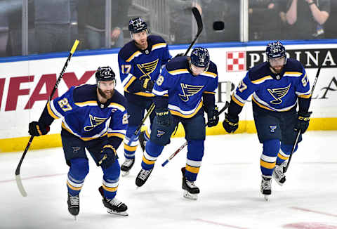 ST. LOUIS, MO – MAY 21: Blues players return to the bench after scoring in the second period during game six of the NHL Western Conference Final between the San Jose Sharks and the St. Louis Blues, on May 21, 2019, at Enterprise Center, St. Louis, Mo. (Photo by Keith Gillett/Icon Sportswire via Getty Images)