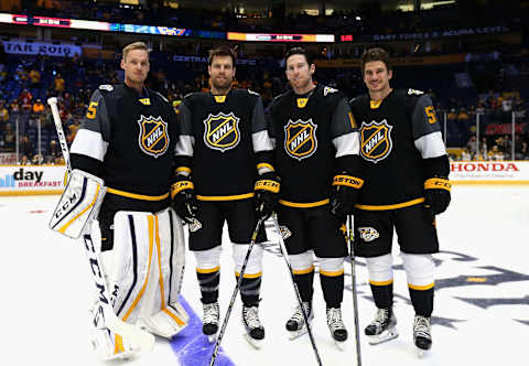 NASHVILLE, TN – JANUARY 31: (L-R) Pekka Rinne #35, Shea Weber #6, James Neal #18 and Roman Josi #59 of the Nashville Predators look on during warm-up prior to the 2016 Honda NHL All-Star Game at Bridgestone Arena on January 31, 2016 in Nashville, Tennessee. (Photo by Dave Sandford/NHLI via Getty Images)