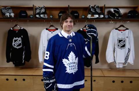 DALLAS, TX – JUNE 23: Semyon Der-Arguchintsev poses for a portrait after being selected 76th overall by the Toronto Maple Leafs during the 2018 NHL Draft at American Airlines Center on June 23, 2018 in Dallas, Texas. (Photo by Jeff Vinnick/NHLI via Getty Images)