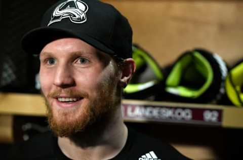 CENTENNIAL, CO – APRIL 9: Colorado Avalanche forward Gabriel Landeskog speaks with members of the media after practice at the Family Sports Ice Arena on April 9, 2018 in Centennial, Colorado. A year after finishing with a club-record-low 48 points, the Avalanche completed the improbable amid a wild Game 7-type atmosphere in the most unique NHL regular-season setting of its kind since 2010: the Colorado Avalanche defeated the St. Louis Blues 5-2 in Game 82 for both teams. By doing so, Colorado finished with 95 points just a point shy of doubling its total from a year ago and leapfrogged the Blues for the last Western Conference wild-card spot. (Photo by Helen H. Richardson/The Denver Post via Getty Images)