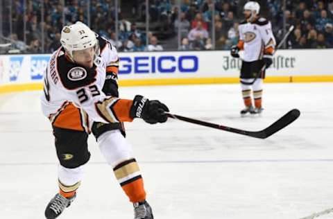 SAN JOSE, CA – APRIL 16: Jakob Silfverberg #33 of the Anaheim Ducks shoots on goal against the San Jose Sharks during the first period in Game Three of the Western Conference First Round during the 2018 NHL Stanley Cup Playoffs at SAP Center on April 16, 2018, in San Jose, California. (Photo by Thearon W. Henderson/Getty Images)