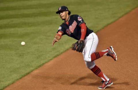 Nov 2, 2016; Cleveland, OH, USA; Cleveland Indians shortstop Francisco Lindor throws to first base against the Chicago Cubs in the first inning in game seven of the 2016 World Series at Progressive Field. Mandatory Credit: David Richard-USA TODAY Sports