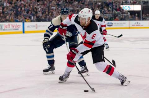 COLUMBUS, OH – DECEMBER 20: New Jersey Devils left wing Taylor Hall (9) attempts a shot in a game between the Columbus Blue Jackets and the New Jersey Devils on December 20, 2018 at Nationwide Arena in Columbus, OH. (Photo by Adam Lacy/Icon Sportswire via Getty Images)