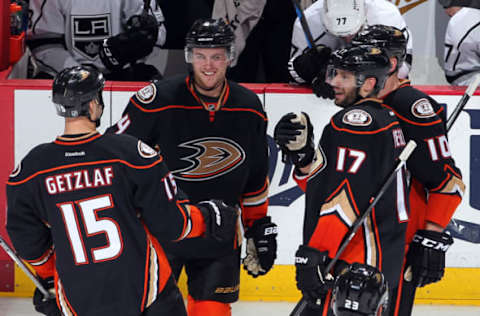 ANAHEIM, CA – FEBRUARY 27: Ryan Getzlaf #15 of the Anaheim Ducks celebrates a goal by Corey Perry #10 with Cam Fowler #4 and Ryan Kesler #17 against the Los Angeles Kings on February 27, 2015, at Honda Center in Anaheim, California. (Photo by Debora Robinson/NHLI via Getty Images)