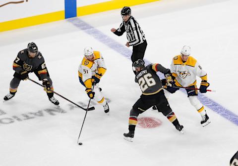 LAS VEGAS, NV – OCTOBER 15: Nashville Predators left wing Austin Watson (51) skates for the puck during the second period of a regular season game between the Nashville Predators and the Vegas Golden Knights Tuesday, Oct. 15, 2019, at T-Mobile Arena in Las Vegas, Nevada. (Photo by: Marc Sanchez/Icon Sportswire via Getty Images)