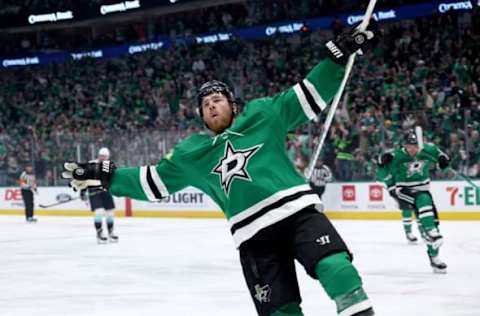 DALLAS, TEXAS – MAY 02: Joe Pavelski #16 of the Dallas Stars celebrates after scoring a goal against the Seattle Kraken in the first period in Game One of the Second Round of the 2023 Stanley Cup Playoffs at American Airlines Center on May 02, 2023 in Dallas, Texas. (Photo by Tom Pennington/Getty Images)