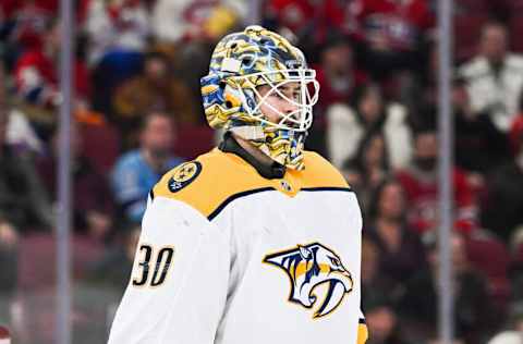 Predators goalie Yaroslav Askarov (30) against the Montreal Canadiens during the second period at Bell Centre. Mandatory Credit: David Kirouac-USA TODAY Sports