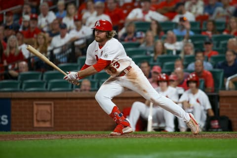 ST. LOUIS, MO – SEPTEMBER 15: Brendan Donovan #33 of the St. Louis Cardinals hits a single during the ninth inning against the Cincinnati Reds at Busch Stadium on September 15, 2022 in St. Louis, Missouri. (Photo by Scott Kane/Getty Images)