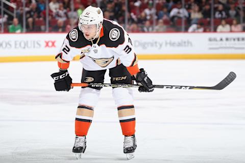 GLENDALE, ARIZONA – MARCH 14: Jacob Larsson #32 of the Anaheim Ducks during the third period of the NHL game against the Arizona Coyotes at Gila River Arena on March 14, 2019, in Glendale, Arizona. The Coyotes defeated the Ducks 6-1. (Photo by Christian Petersen/Getty Images)