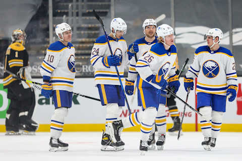 BOSTON, MA – APRIL 13: Rasmus Dahlin #26 of the Buffalo Sabres   (Photo by Adam Glanzman/Getty Images)