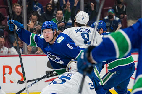 Feb 12, 2022; Vancouver, British Columbia, CAN; Vancouver Canucks forward Brock Boeser (6) celebrates after scoring a goal against the Toronto Maple Leafs in the first period at Rogers Arena. Mandatory Credit: Bob Frid-USA TODAY Sports