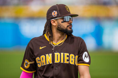 PEORIA, ARIZONA – MARCH 11: Fernando Tatis Jr. #23 of the San Diego Padres walks across the field before the Spring Training Game against the Chicago White Sox at Peoria Stadium on March 11, 2023 in Peoria, Arizona. (Photo by John E. Moore III/Getty Images)