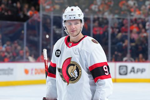 PHILADELPHIA, PA – APRIL 29: Josh Norris #9 of the Ottawa Senators looks on against the Philadelphia Flyers at the Wells Fargo Center on April 29, 2022 in Philadelphia, Pennsylvania. (Photo by Mitchell Leff/Getty Images)