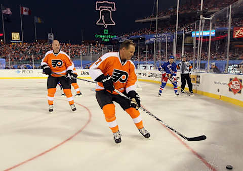 Bill Barber represents the Philadelphia Flyers during the 2012 Bridgestone NHL Winter Classic Alumni Game. (Photo by Jim McIsaac/Getty Images)