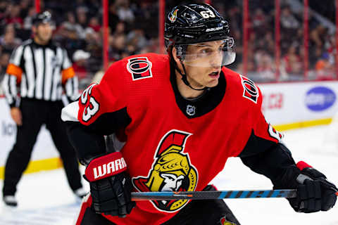 OTTAWA, ON – NOVEMBER 07: Ottawa Senators Right Wing Tyler Ennis (63) close up during second period National Hockey League action between the Los Angeles Kings and Ottawa Senators on November 7, 2019, at Canadian Tire Centre in Ottawa, ON, Canada. (Photo by Richard A. Whittaker/Icon Sportswire via Getty Images)