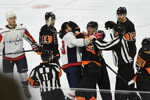 PHILADELPHIA, PA – MARCH 06: Washington Capitals Right Wing Tom Wilson (43) and Philadelphia Flyers Defenceman Andrew MacDonald (47) scuffle during the game between the Washington Capitals and the Philadelphia Flyers on March 6, 2019 at Wells Fargo Center in Philadelphia, PA.(Photo by Andy Lewis/Icon Sportswire via Getty Images)