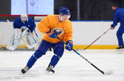 BUFFALO, NY – JANUARY 1: Brandon Biro #71 of the Buffalo Sabres skates with the puck during training camp at KeyBank Center on January 1, 2021 in Buffalo, New York. (Photo by Kevin Hoffman/Getty Images)