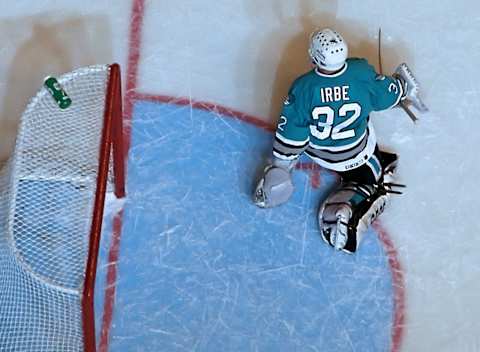 Arturs Irbe #32, San Jose Sharks (Photo by Graig Abel/Getty Images)