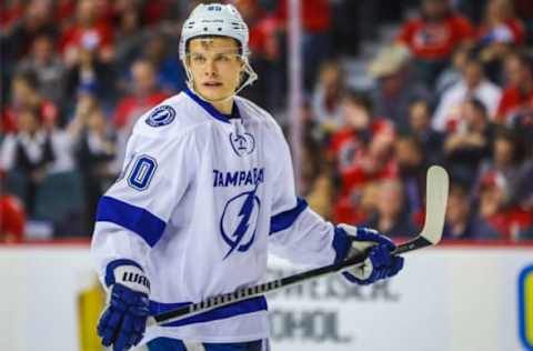 Dec 14, 2016; Calgary, Alberta, CAN; Tampa Bay Lightning center Vladislav Namestnikov (90) against the Calgary Flames during the second period at Scotiabank Saddledome. Mandatory Credit: Sergei Belski-USA TODAY Sports