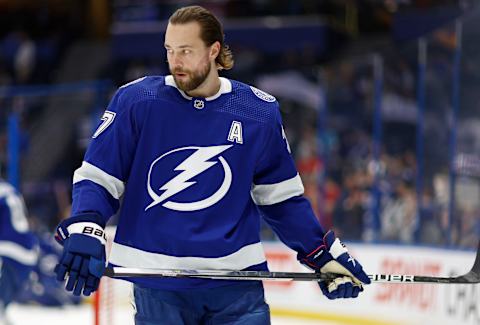 Victor Hedman of the Tampa Bay Lightning warms up during a game against the Vancouver Canucks.  | Photo by Mike Ehrmann for Getty Images