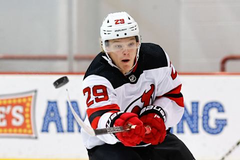 Lenni Hameenaho #29 of the New Jersey Devils. (Photo by Rich Graessle/Getty Images)