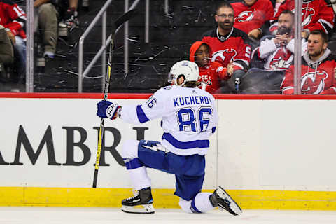 NEWARK, NJ – OCTOBER 17: Tampa Bay Lightning right wing Nikita Kucherov (86) celebrates after scoring during the second period of the National Hockey League game between the New Jersey Devils and the Tampa Bay Lightning on October 17, 2017, at the Prudential Center in Newark, NJ. (Photo by Rich Graessle/Icon Sportswire via Getty Images)