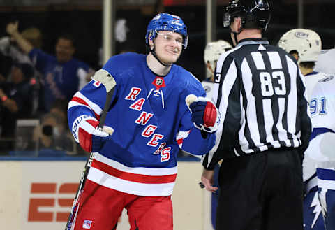 NEW YORK, NEW YORK – JUNE 03: Kaapo Kakko #24 of the New York Rangers celebrates with teammates after scoring a first period goal against the Tampa Bay Lightning in Game Two of the Eastern Conference Final of the 2022 Stanley Cup Playoffs at Madison Square Garden on June 03, 2022 in New York City. (Photo by Bruce Bennett/Getty Images)