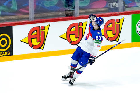 Juraj Slafkovsky of Slovakia celebrates his goal during the 2022 IIHF Ice Hockey World Championship match (Photo by Jari Pestelacci/Eurasia Sport Images/Getty Images)